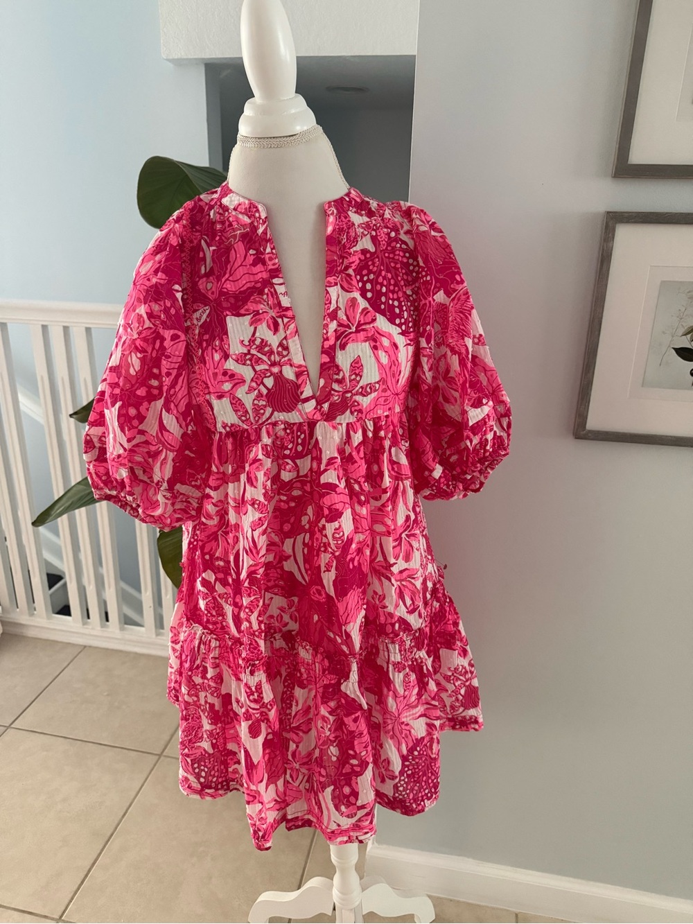 Poupette St. Barth Hot Pink Floral Puff Sleeve Dress